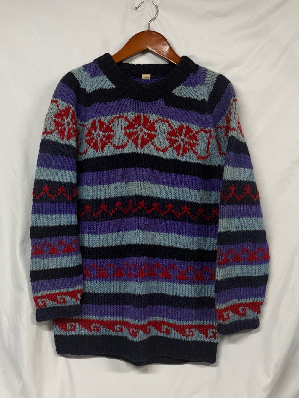 Cozy Striped Fair Isle Crewneck Sweater - Purple/Blue/Black 100 % wool handmade